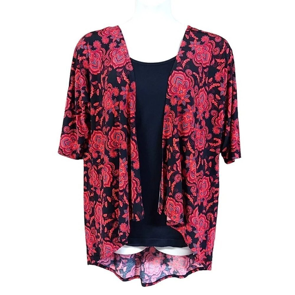 LuLaRoe Women's Red & Black Damask Print Lindsey Kimono
